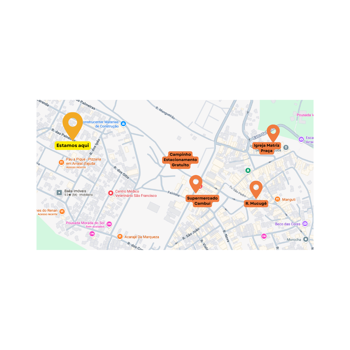 Mapa mostrando a Sol Maior Guest House e pontos próximos: estacionamento gratuito, supermercado Cambuí, Rua Mucugê e Igreja Matriz